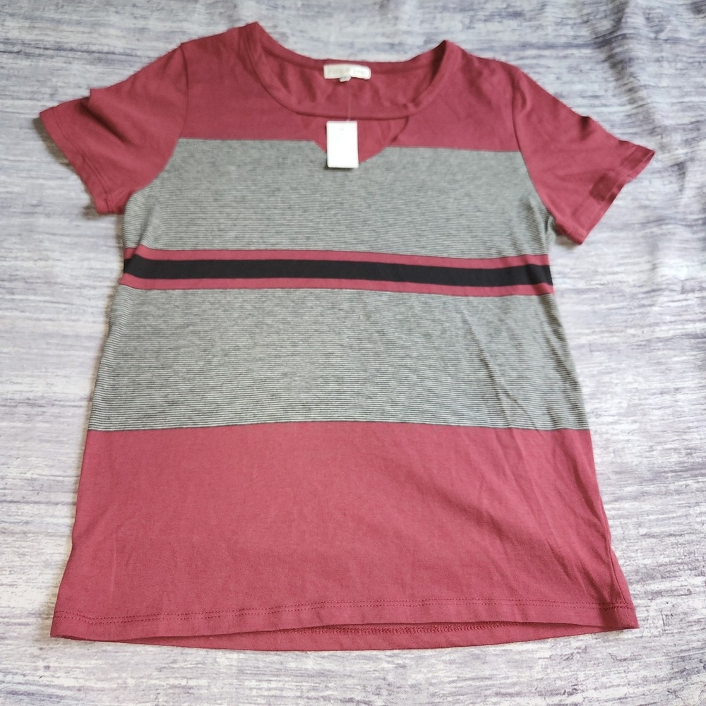 Fitz + Eddi Women's Striped Color Block T-Shirt Top, Burgundy Gray Black, New‎